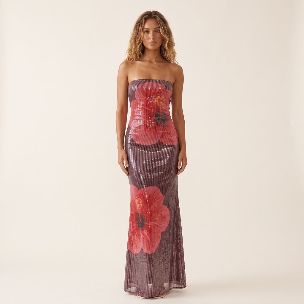 Hanalei Strapless Print Sequin Maxi Dress – Wine – front view