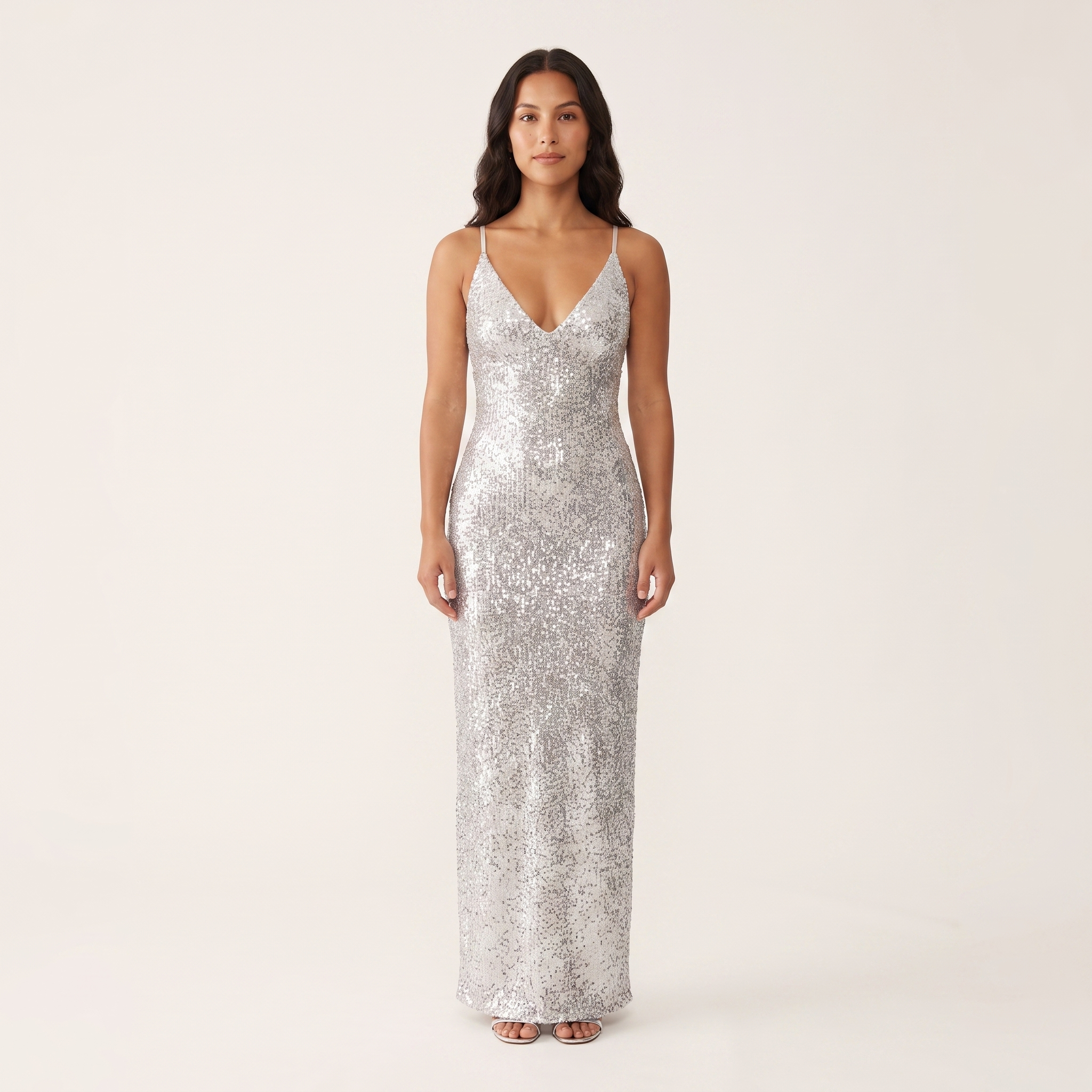 Silver sequin maxi dress front view on model