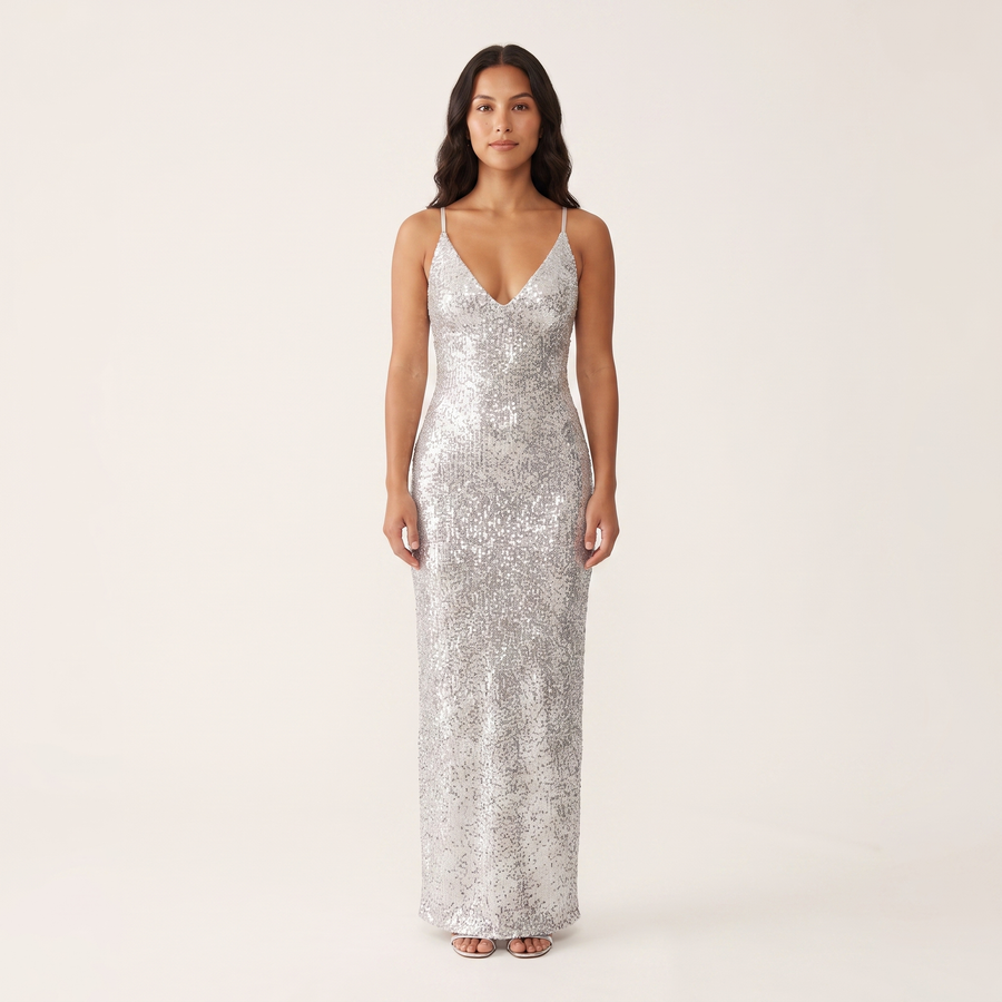 Aurora Sequin Maxi Dress – Silver