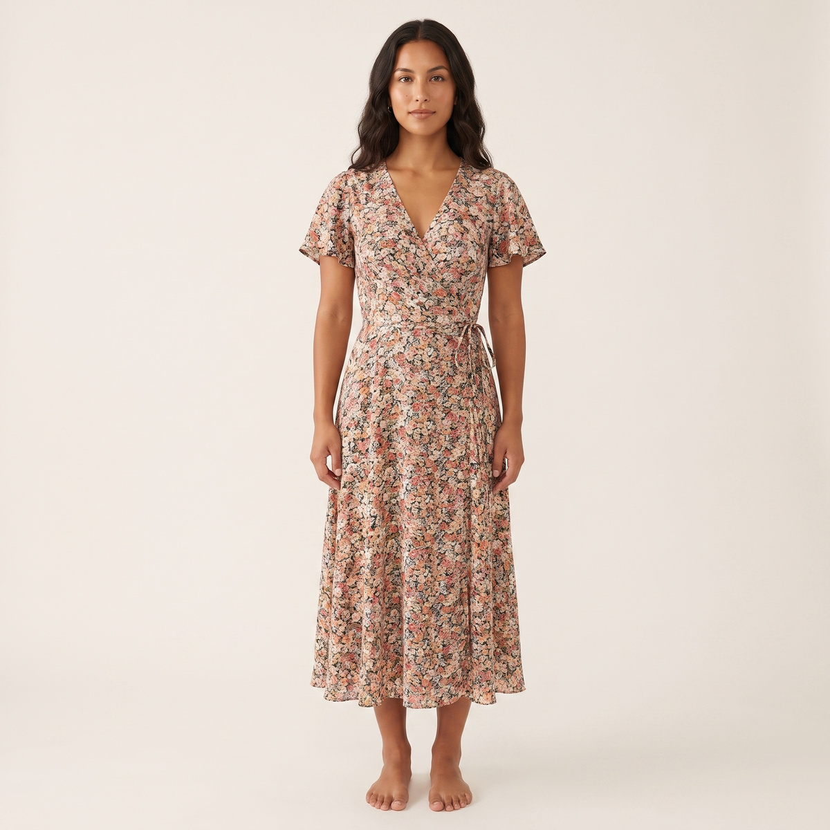 Floral wrap midi dress front view on model