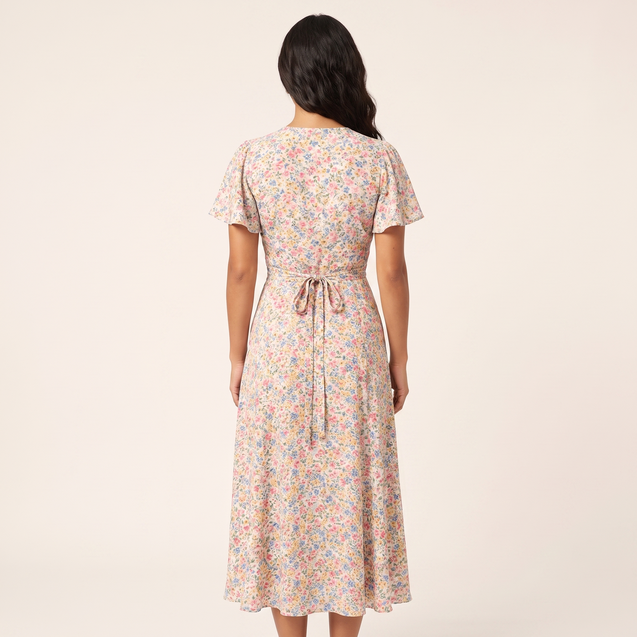 Floral wrap midi dress back view
