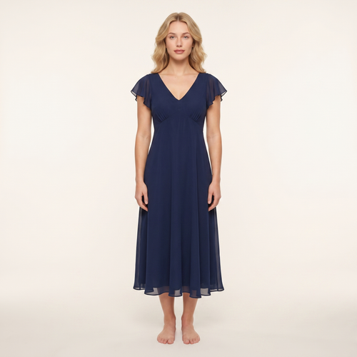 Willow Flutter-Sleeve Chiffon Midi Dress – Navy