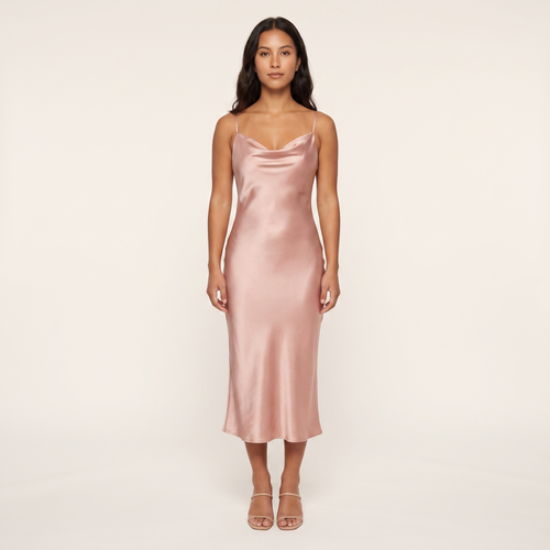 Margot Satin Cowl Slip Midi Dress – Blush Pink
