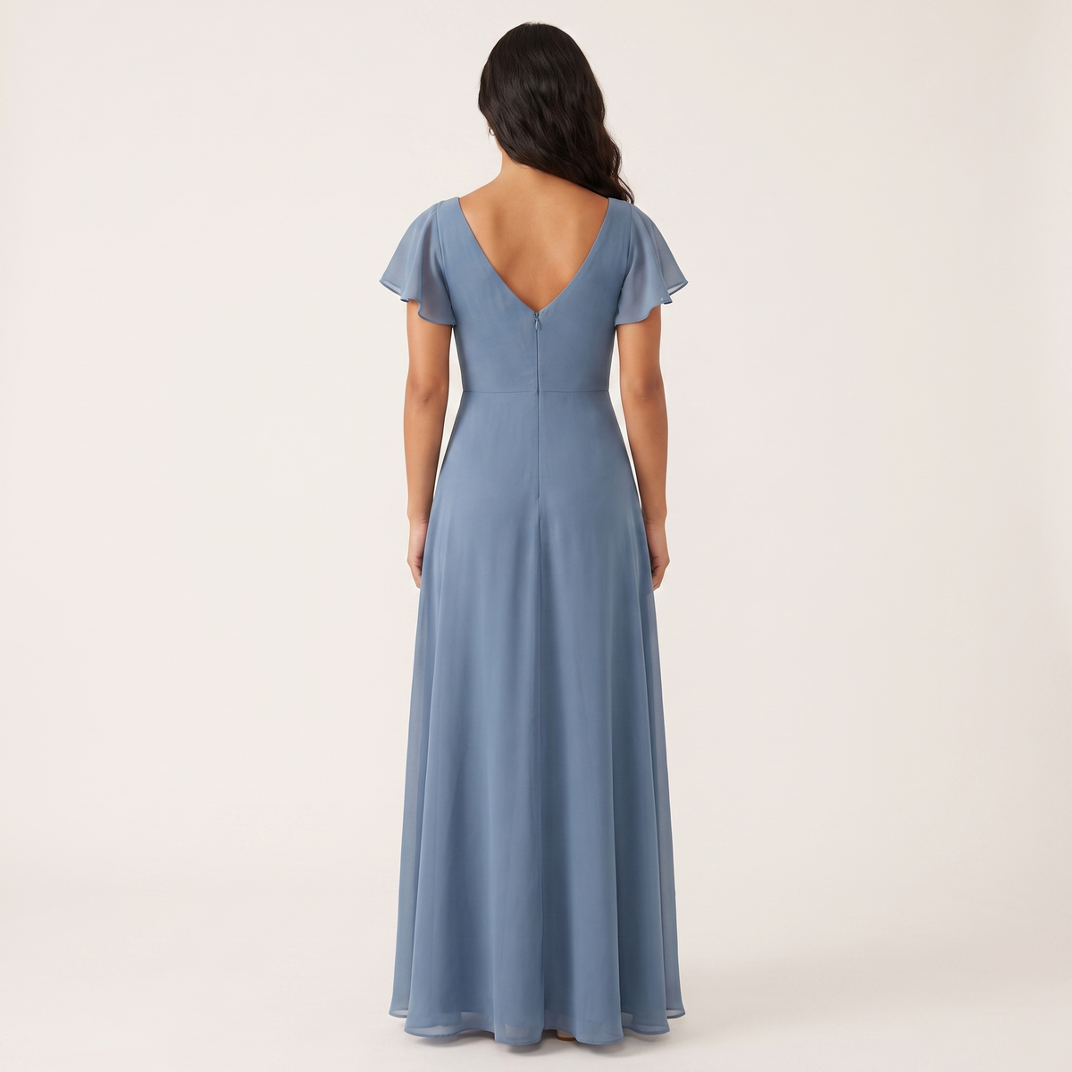 Dusty blue chiffon maxi dress back view