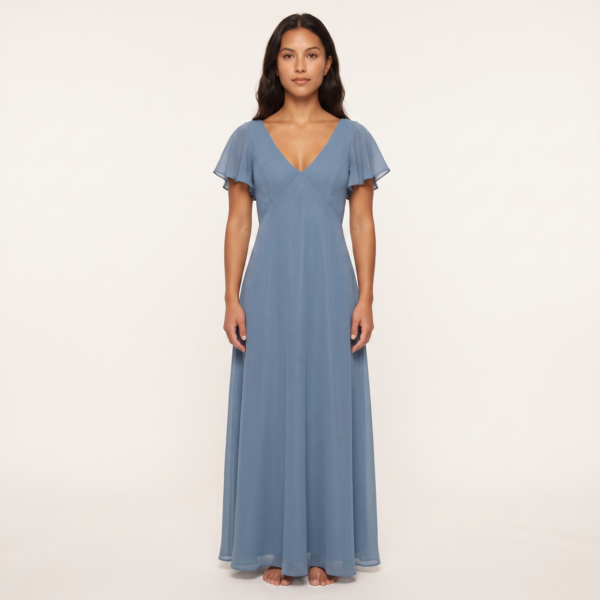 Dusty blue chiffon flutter-sleeve maxi dress front view on model