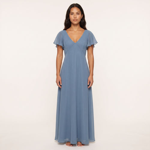Delphine Flutter-Sleeve Chiffon Maxi Dress – Dusty Blue