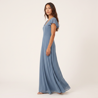 Delphine Flutter-Sleeve Chiffon Maxi Dress – Dusty Blue view 3