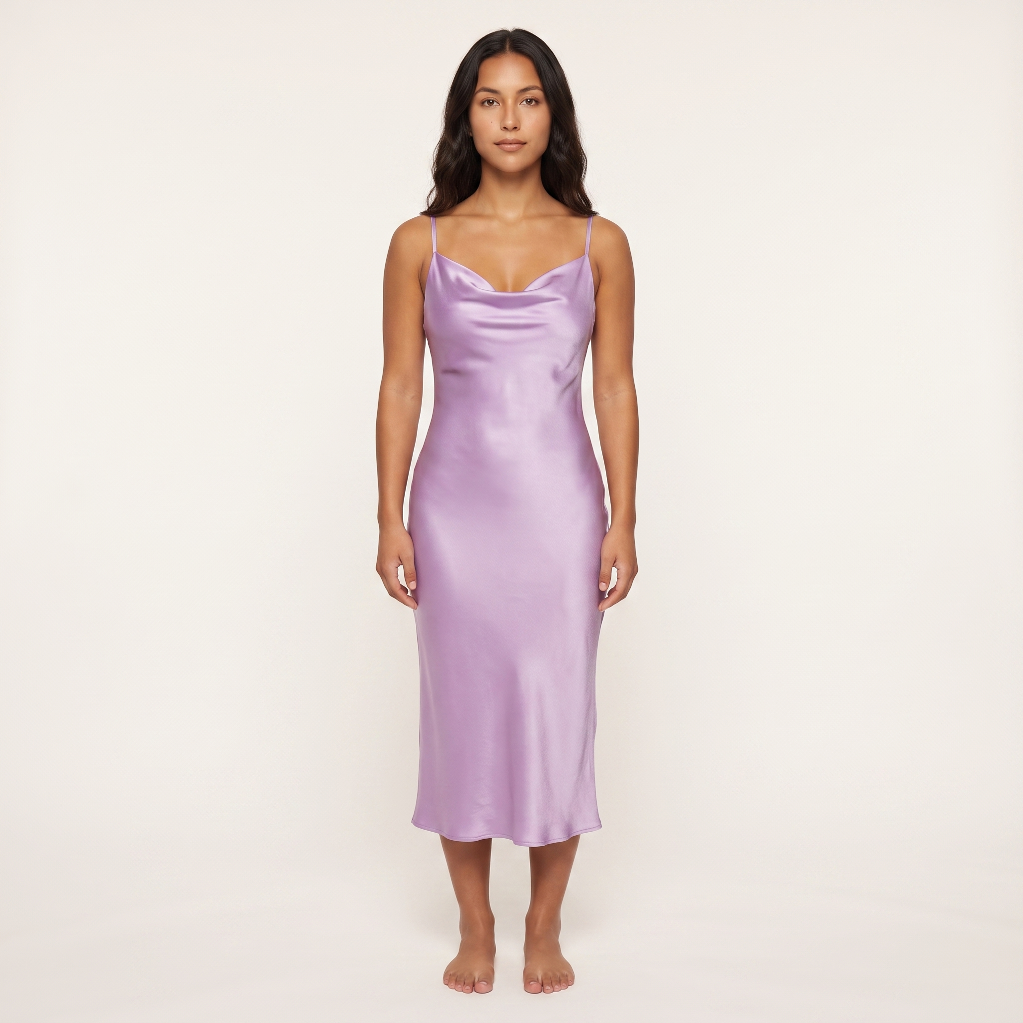 Lilac satin cowl slip midi dress front view on model
