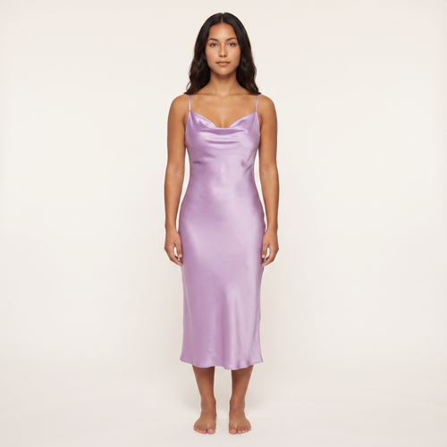 Aurelie Satin Cowl Slip Midi Dress – Lilac