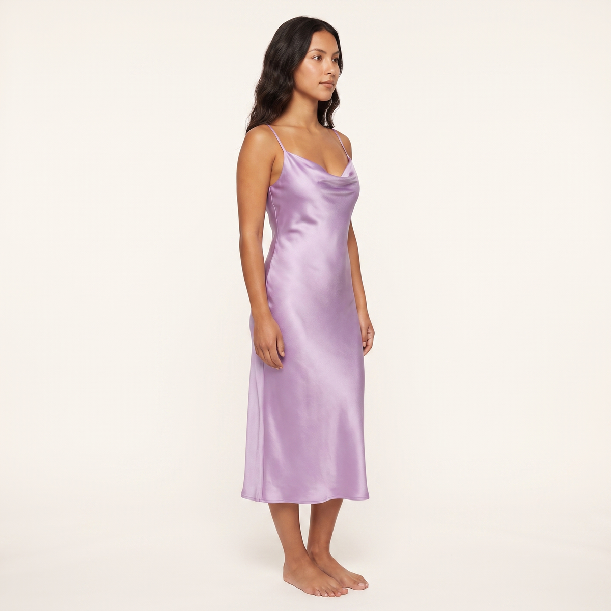 Lilac satin slip midi dress side three-quarter view