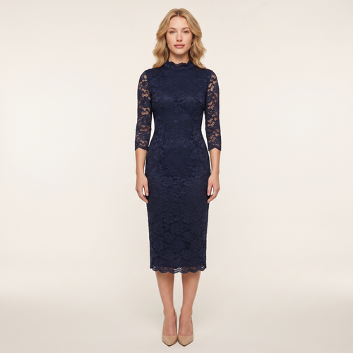 Cordelia Lace High-Neck Midi Dress – Navy