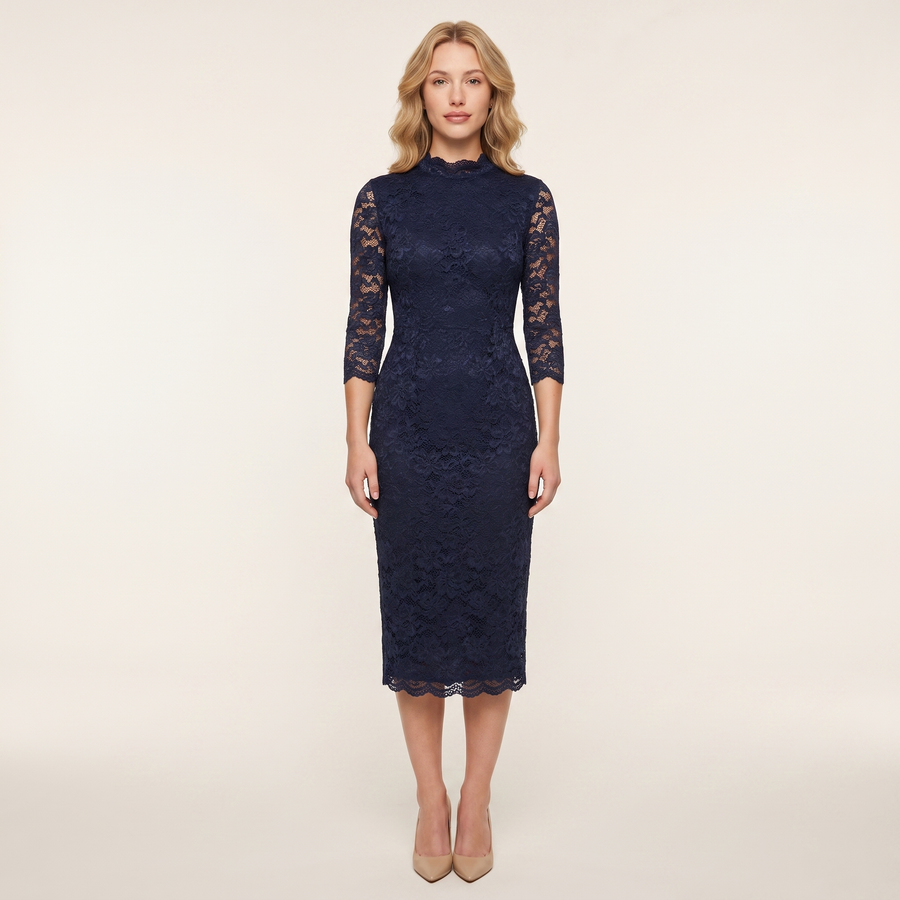 Cordelia Lace High-Neck Midi Dress – Navy