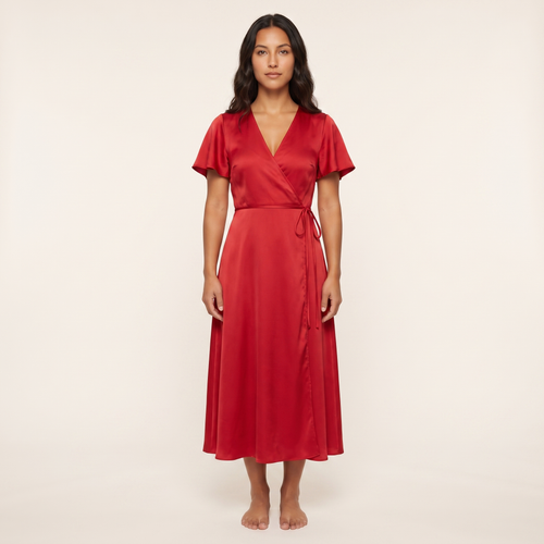 Rosa Satin Wrap Midi Dress – Red