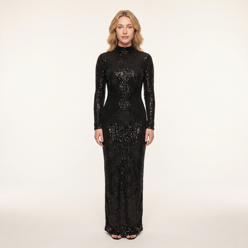 Onyx Sequin Long-Sleeve Gown – Black