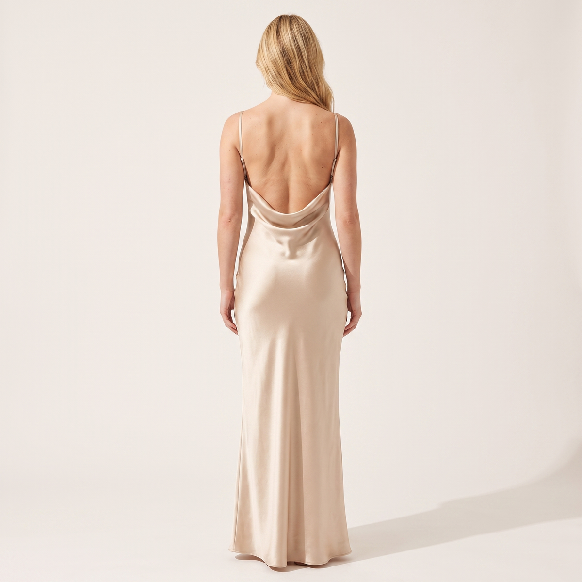 Champagne satin slip maxi dress draped back view
