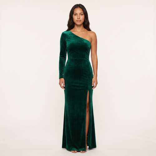 Marguerite Velvet One-Shoulder Gown – Emerald