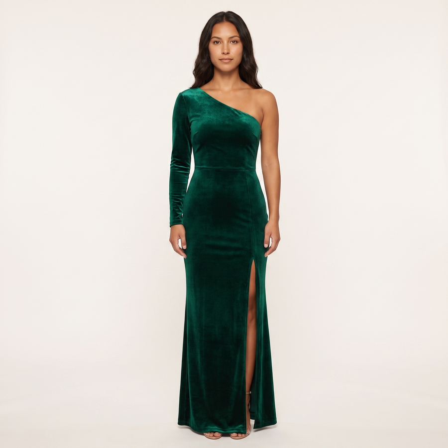 Marguerite Velvet One-Shoulder Gown – Emerald
