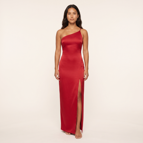 Valentina One-Shoulder Satin Gown – Red