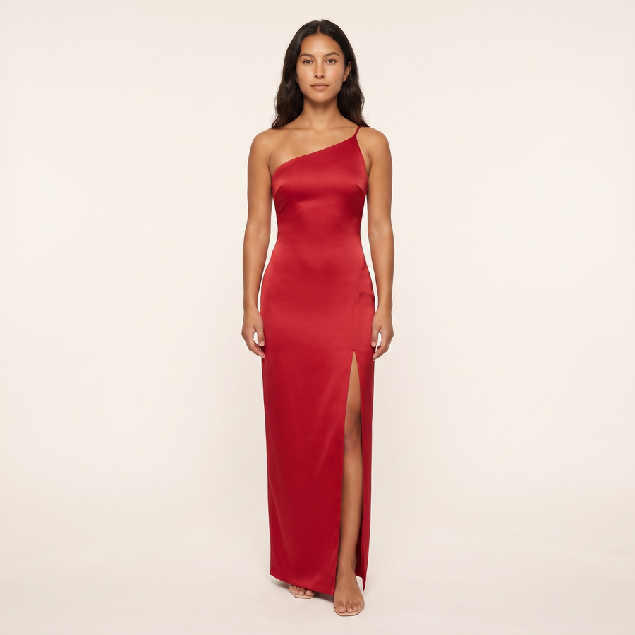 Valentina One-Shoulder Satin Gown – Red