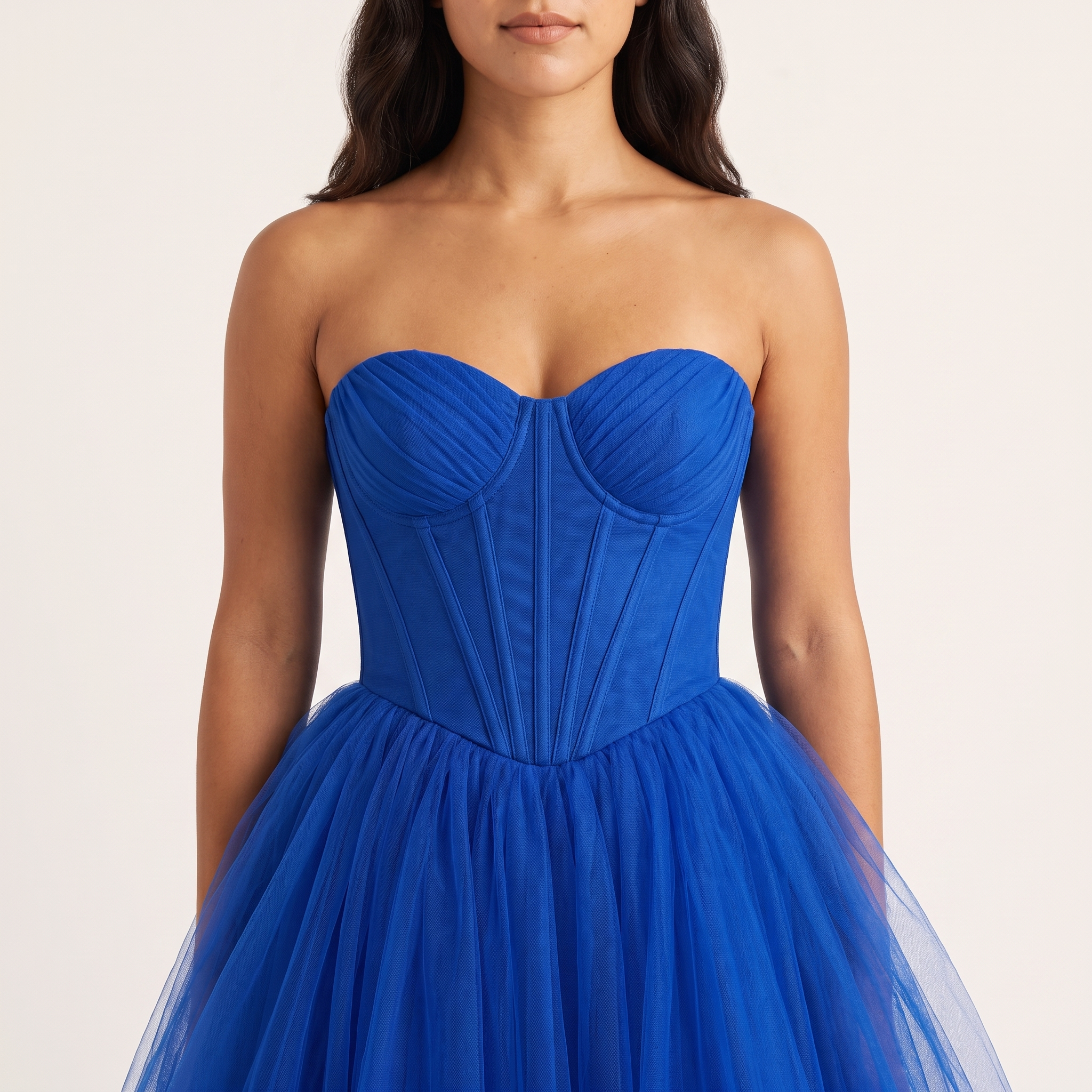 Cobalt blue corset bodice and tulle detail close-up