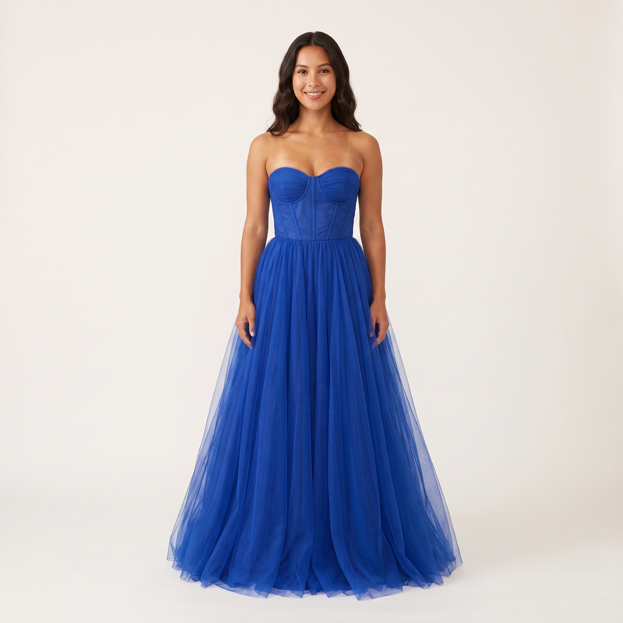 Cobalt blue tulle corset ball gown front view on model