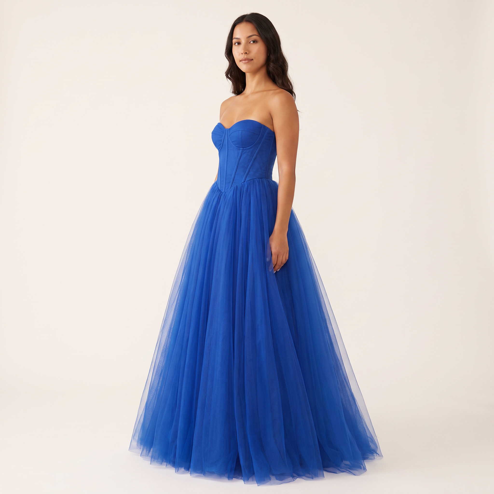 Cobalt blue tulle corset ball gown side three-quarter view