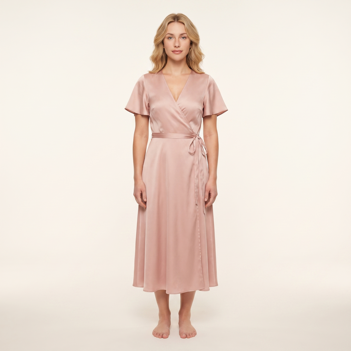 Blush satin wrap midi dress front view on model