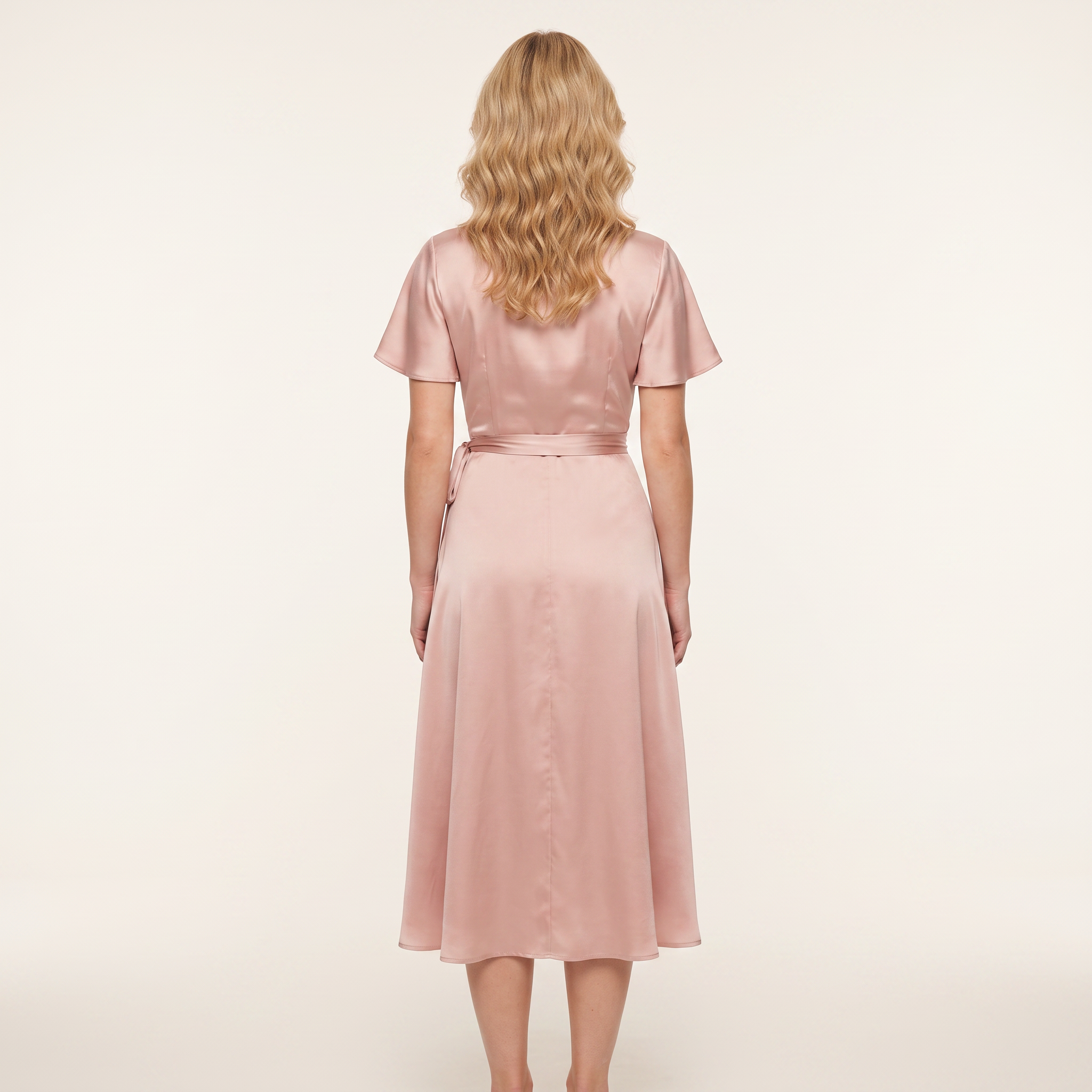 Blush satin wrap midi dress back view