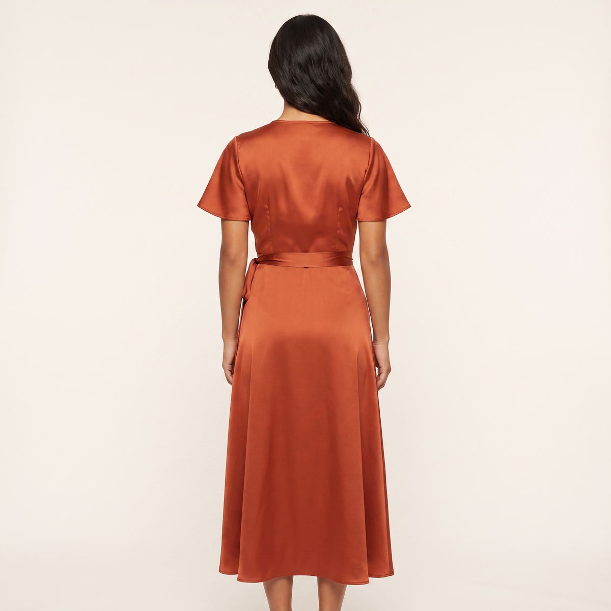Rust satin wrap midi dress back view