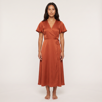 Amber Satin Wrap Midi Dress – Rust view 1