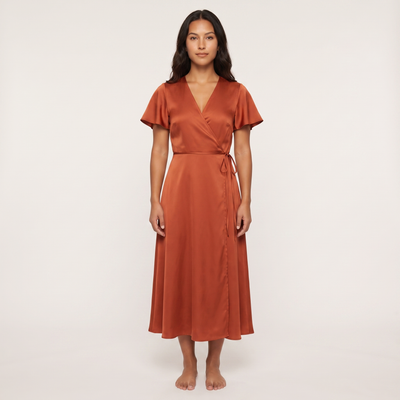 Amber Satin Wrap Midi Dress – Rust