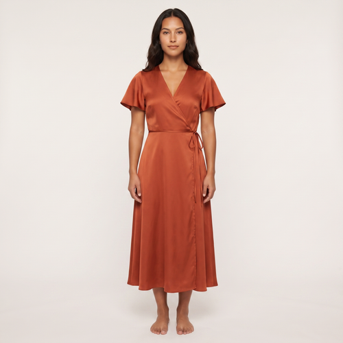 Amber Satin Wrap Midi Dress – Rust