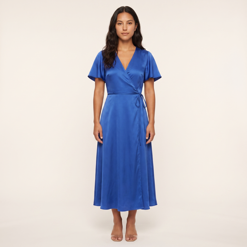 Zara Satin Wrap Midi Dress – Cobalt