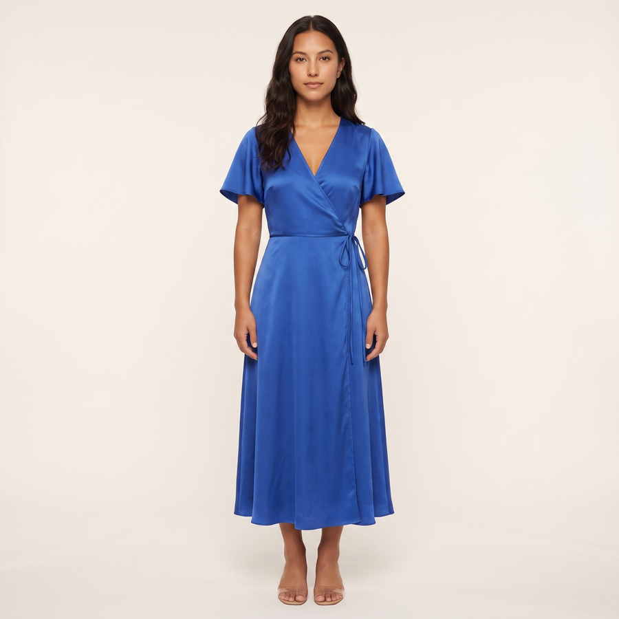 Zara Satin Wrap Midi Dress – Cobalt