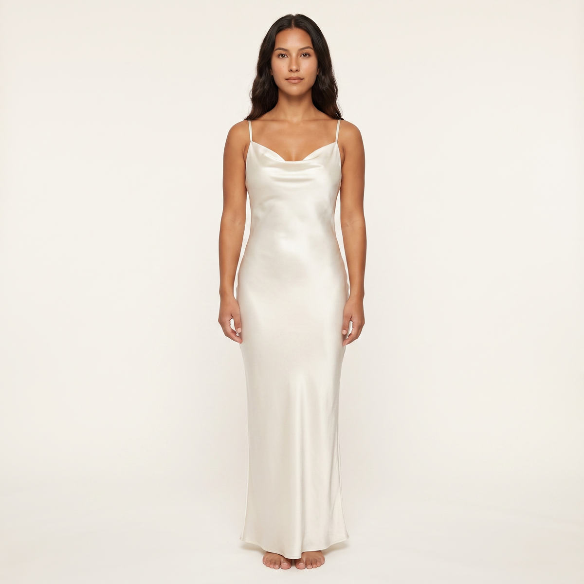 Ivory satin cowl slip maxi dress front view on model