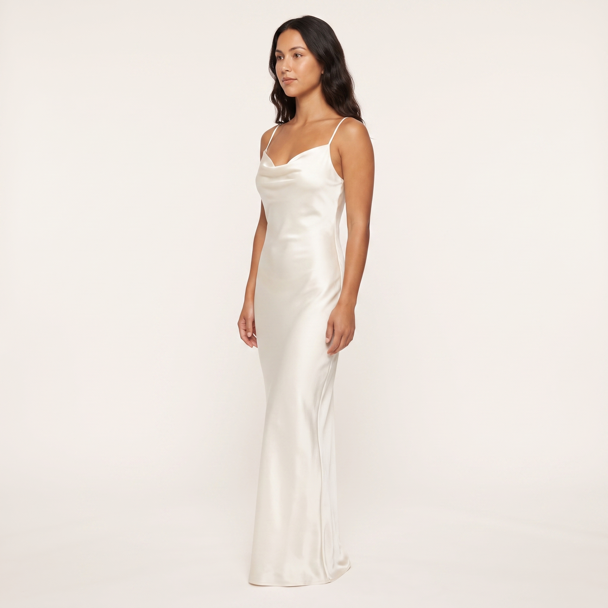 Ivory satin slip maxi dress side three-quarter view