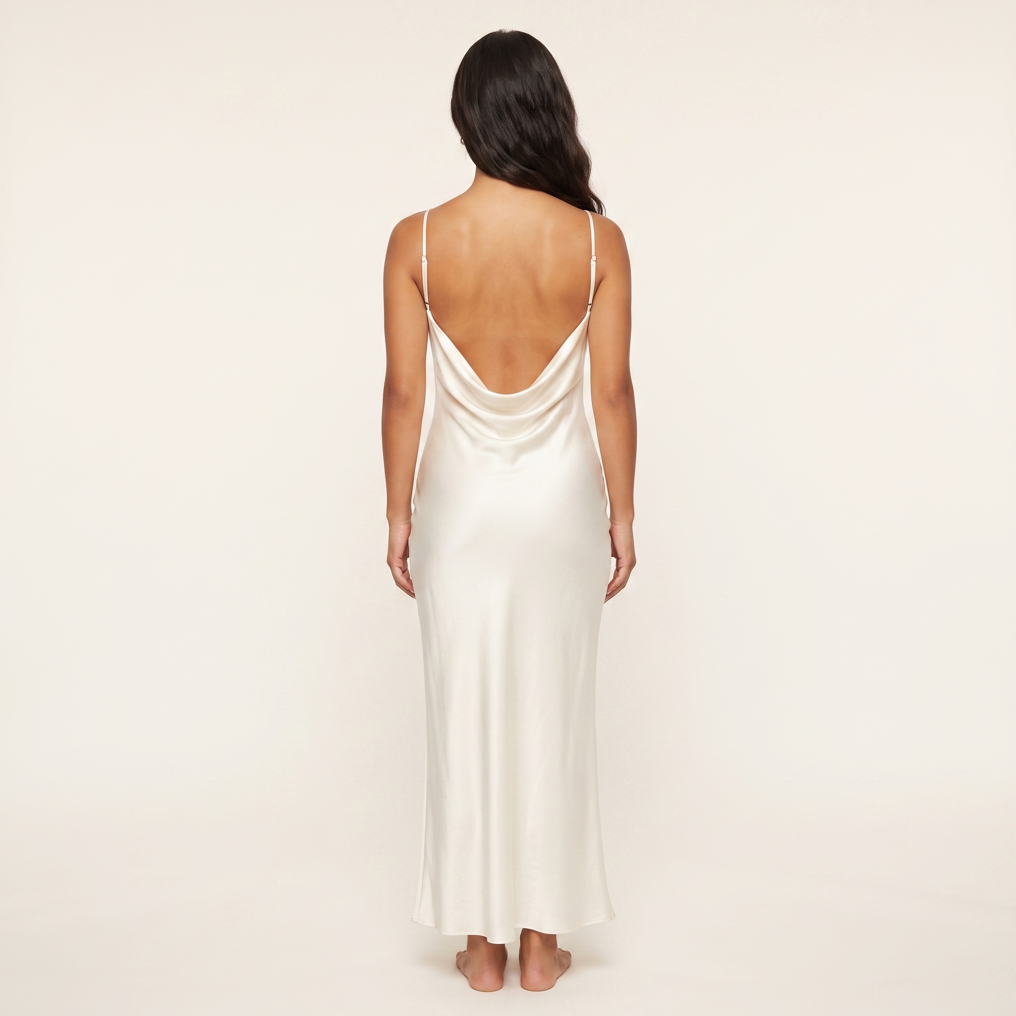 Ivory satin slip maxi dress draped back view
