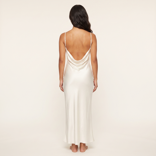 Ivory satin slip maxi dress draped back view