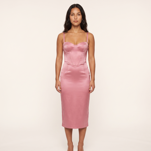 Giselle Satin Corset Midi Dress – Pink