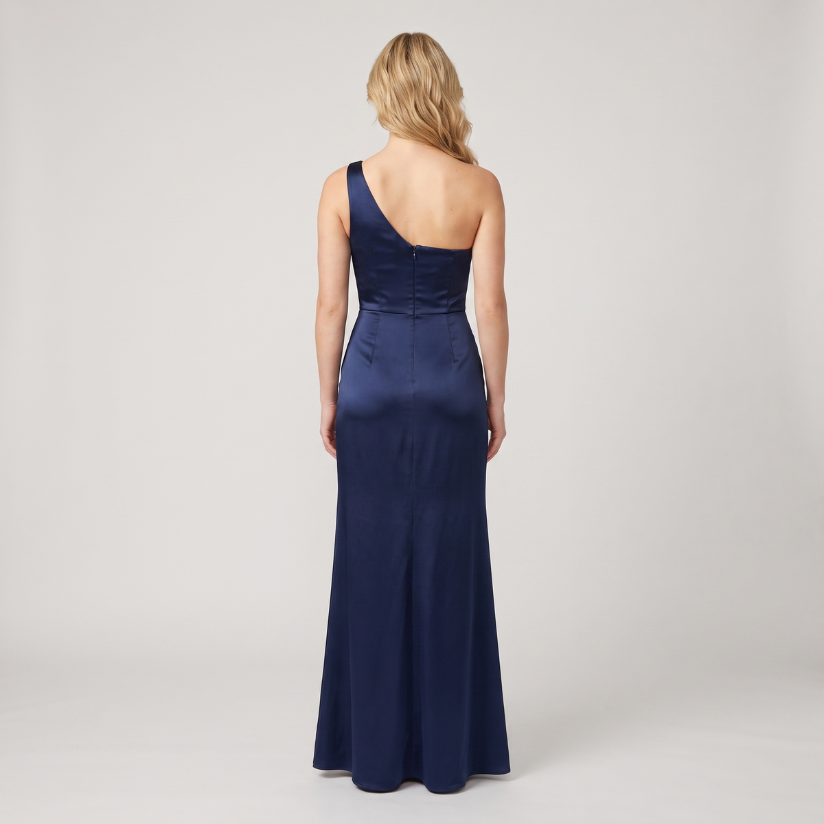 Navy one-shoulder satin gown back view
