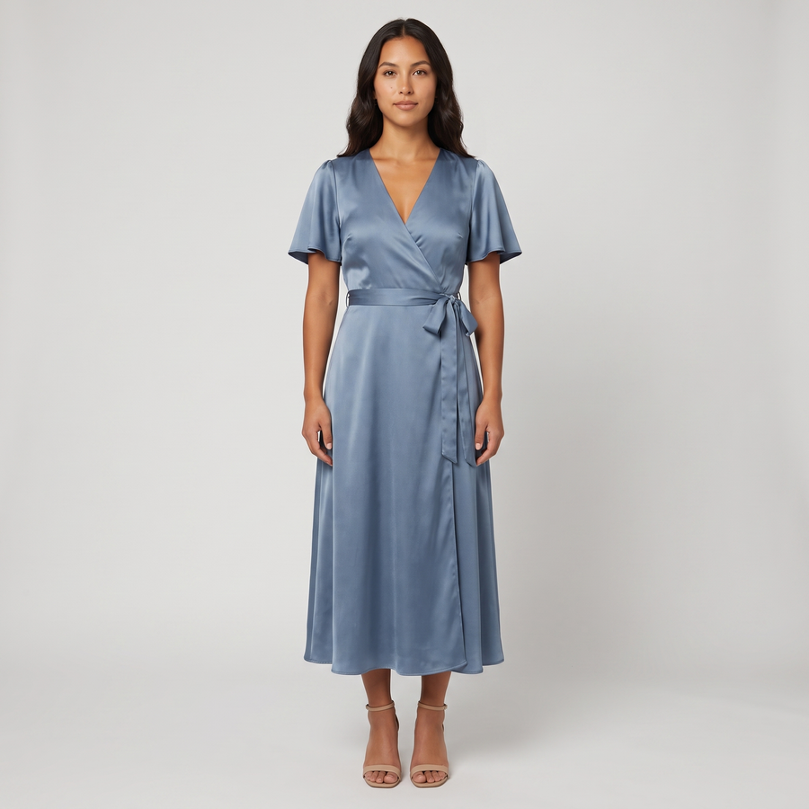 Portia Satin Wrap Midi Dress – Dusty Blue