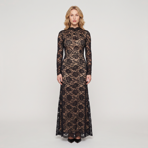Nadia Lace Long-Sleeve Gown – Black