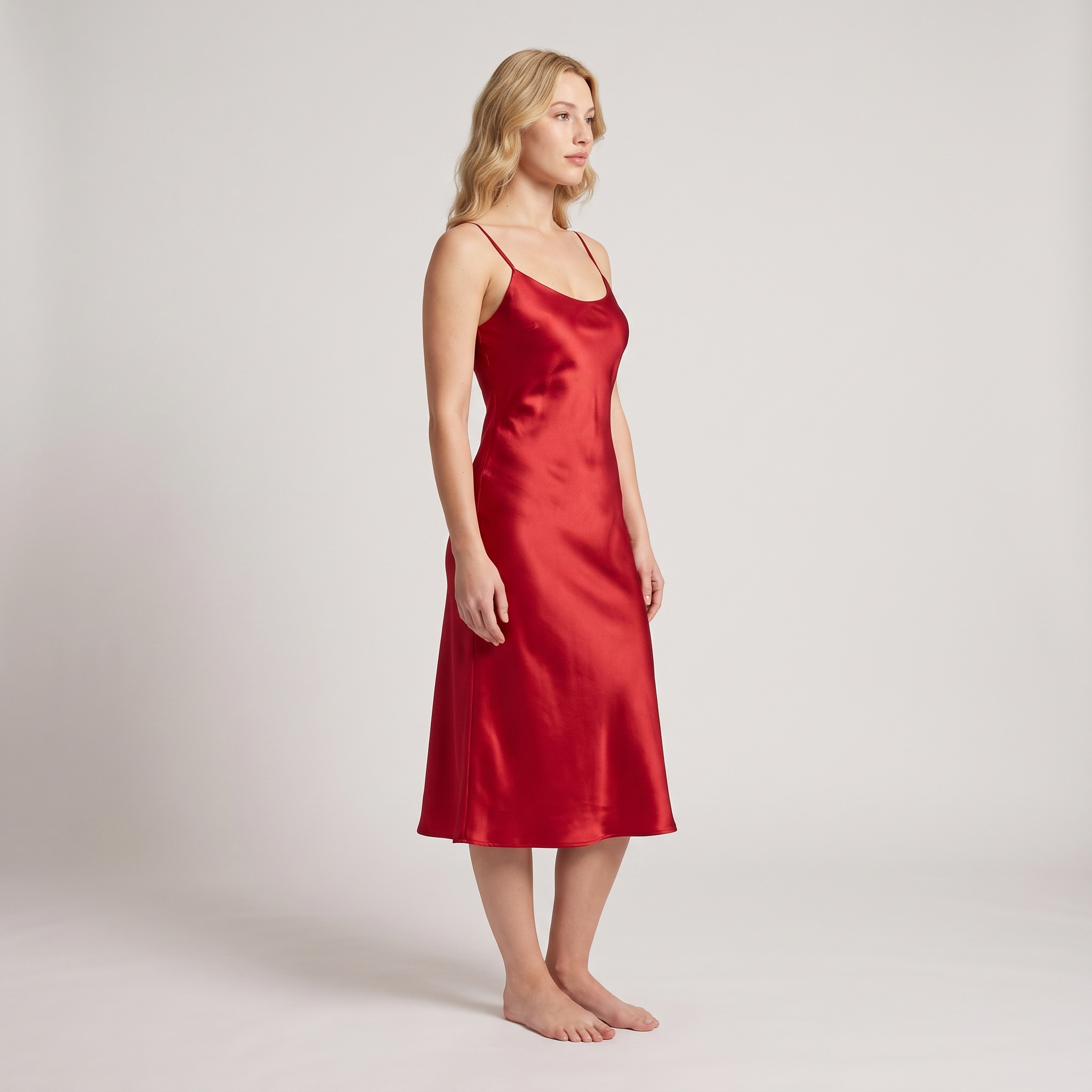 Red satin slip midi dress side three-quarter view