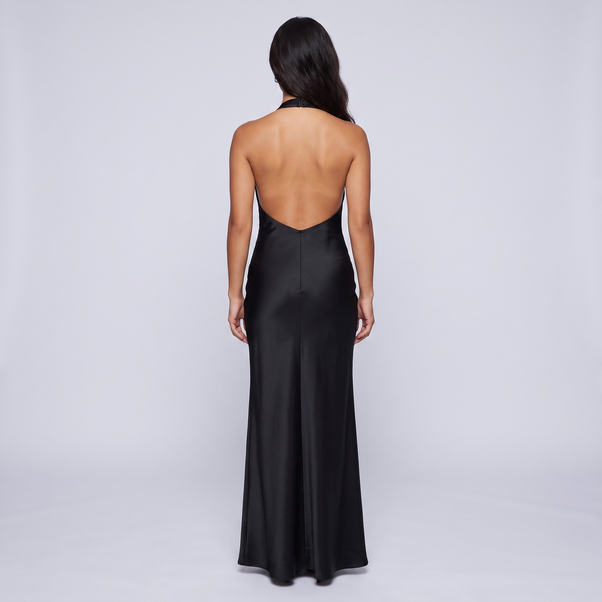 Black satin halter maxi gown open back view