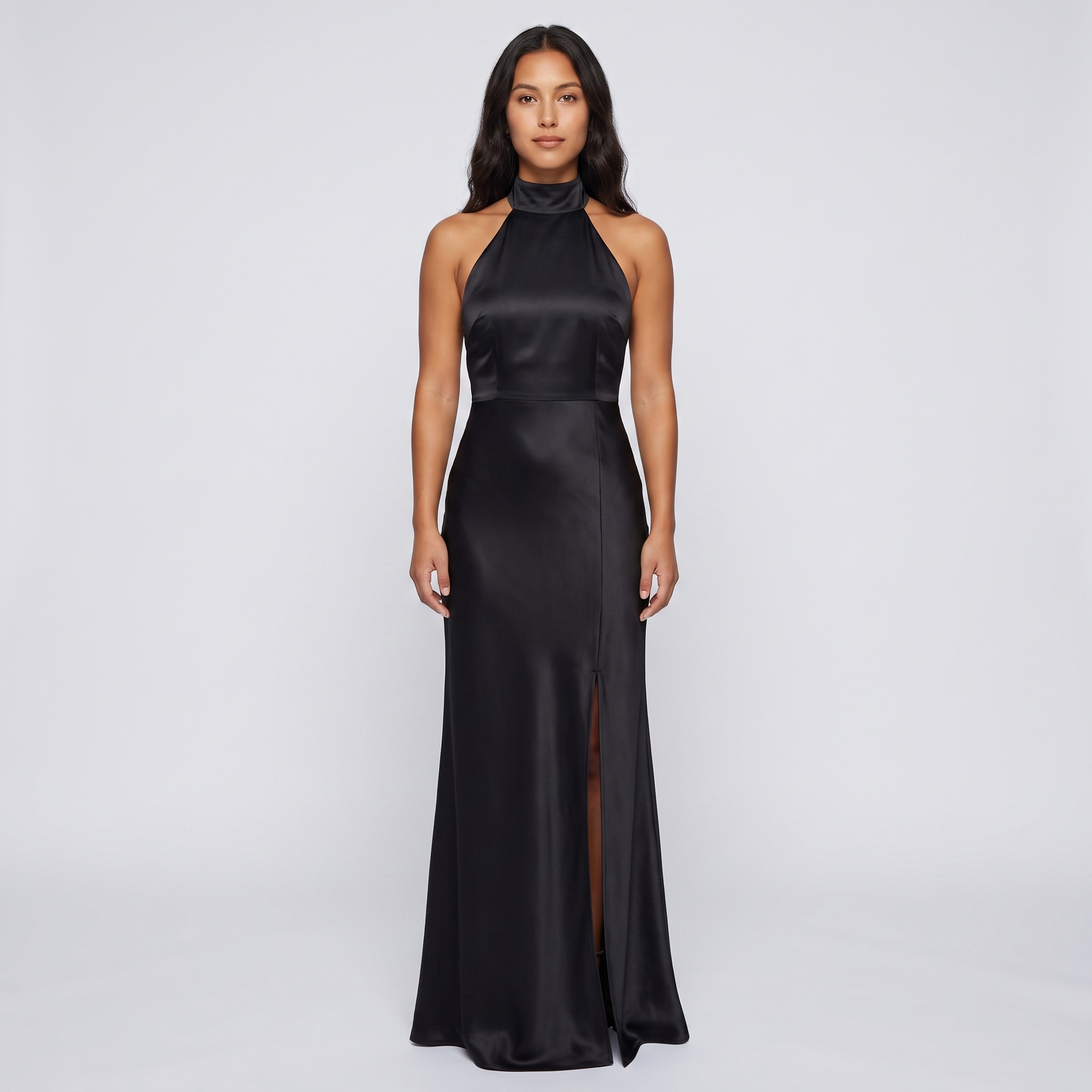 Black satin halter maxi formal gown front view on model