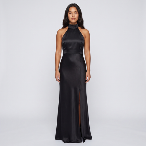 Cleo Satin Halter Maxi Gown – Black