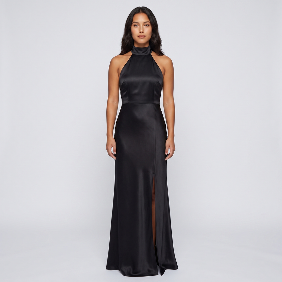 Cleo Satin Halter Maxi Gown – Black