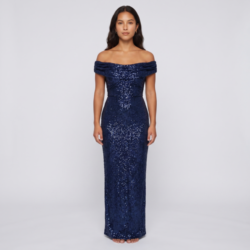 Maeve Sequin Off-Shoulder Gown – Navy