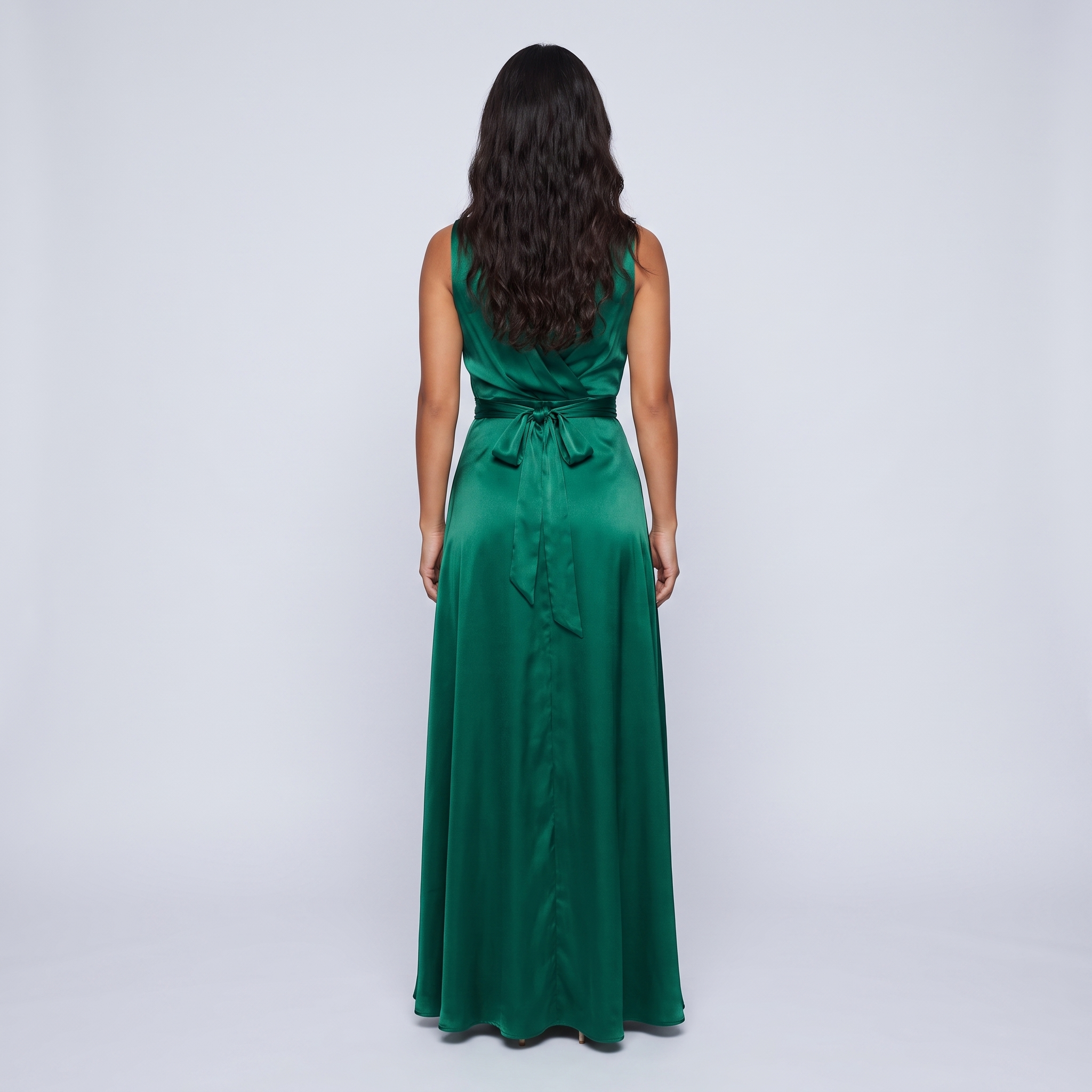 Emerald satin wrap gown back view
