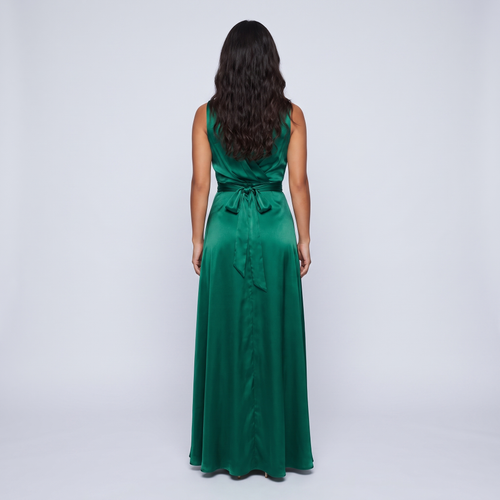 Emerald satin wrap gown back view